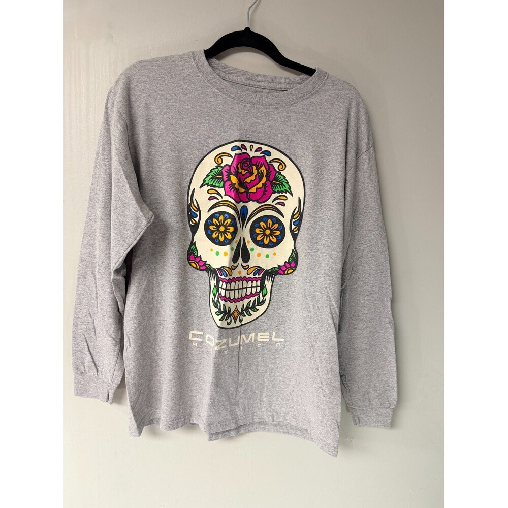 Cozumel Mexico Sugar Skull Long Sleeve Graphic T Shirt Large Gray Tropical Relax
